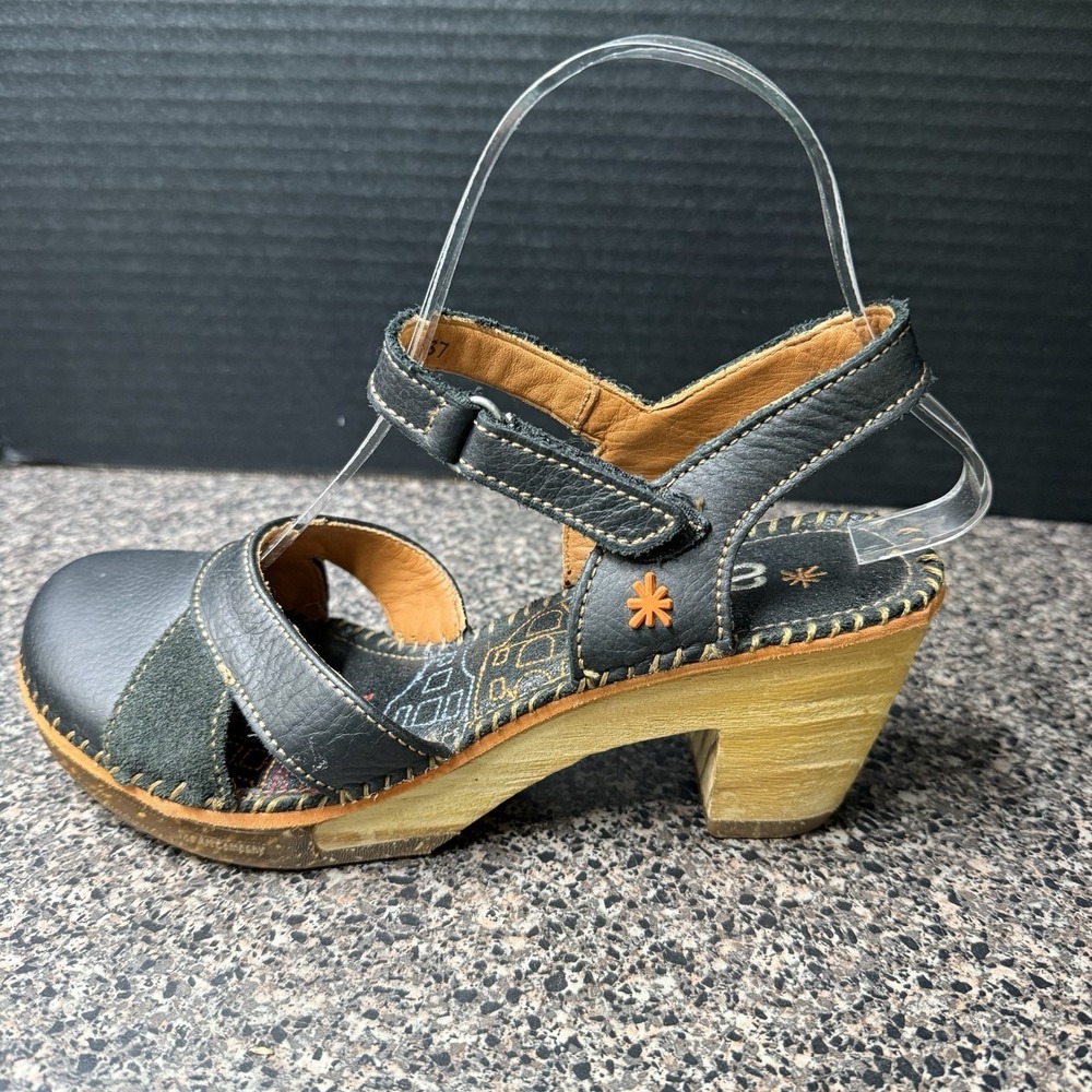 Art Women's Leather Mary Jane Clog Heels Black EU 37 US 6.5 7 Wood Sole